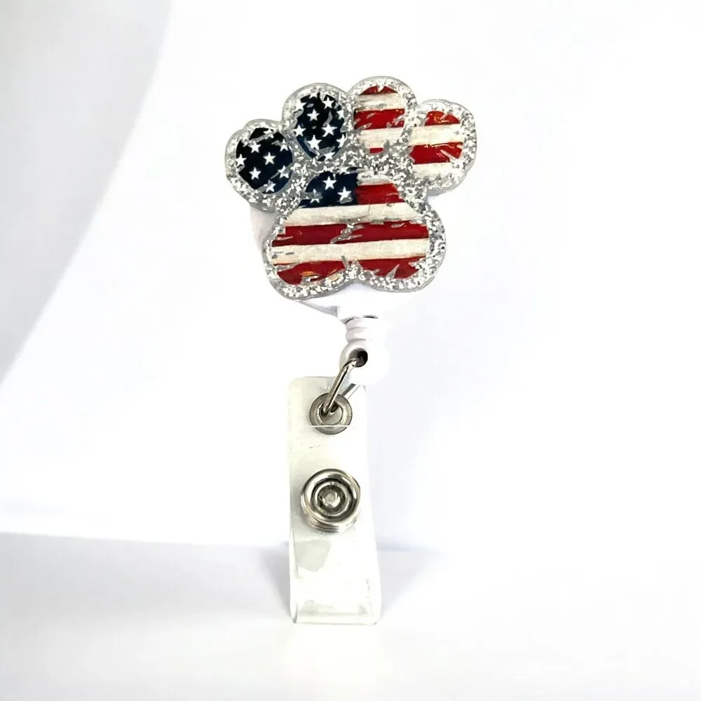 Playful Paw Print Patriotic Badge Reel – Acrylic Retractable ID Holder